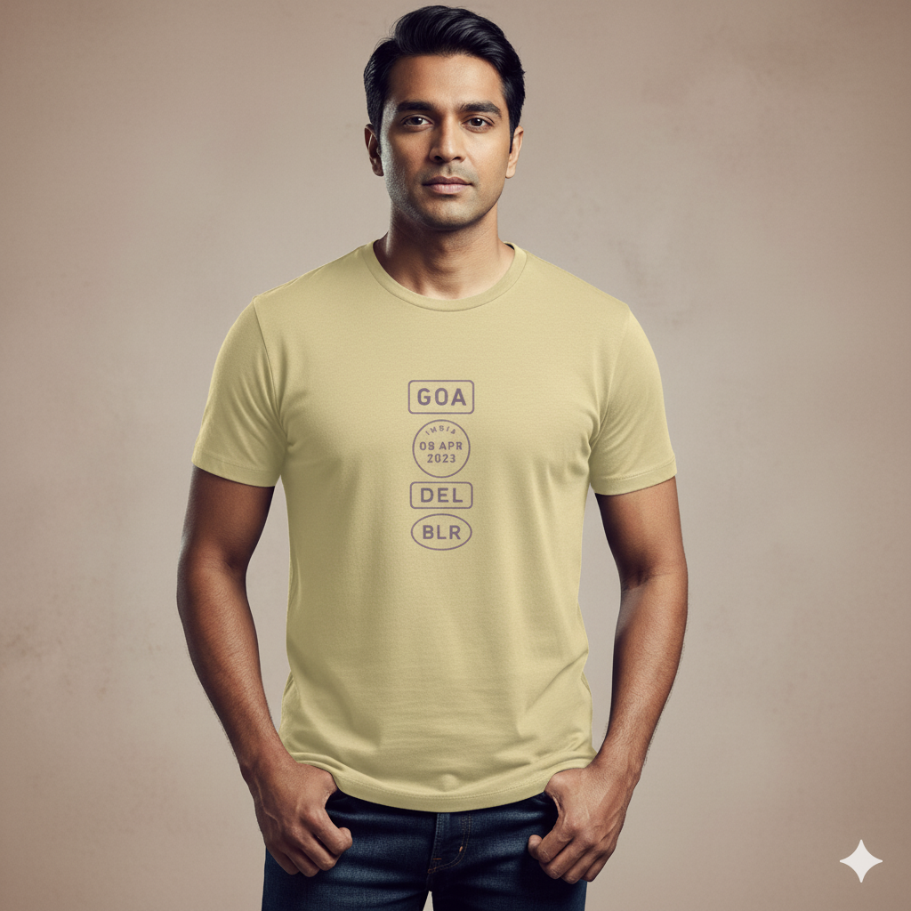 Indian male model wearing a Beige Supima cotton T-shirt by Lilak, featuring a minimalistic violet travel-stamp design reading GOA, INDIA 08 APR 2023, DEL, and BLR. Model stands against a textured grey studio background