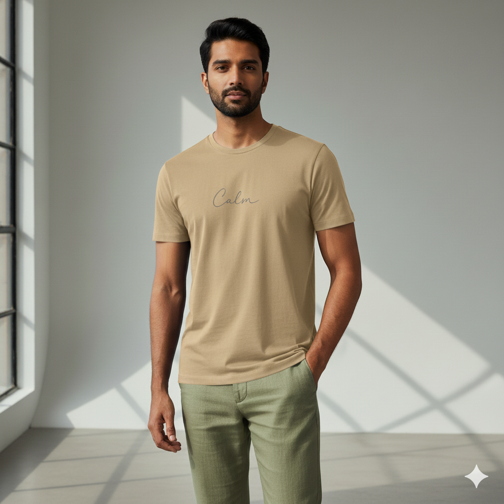 Lilak Unisex Supima Cotton Beige CALM Script T-Shirt – Premium Minimal Typography Tee, 160 GSM