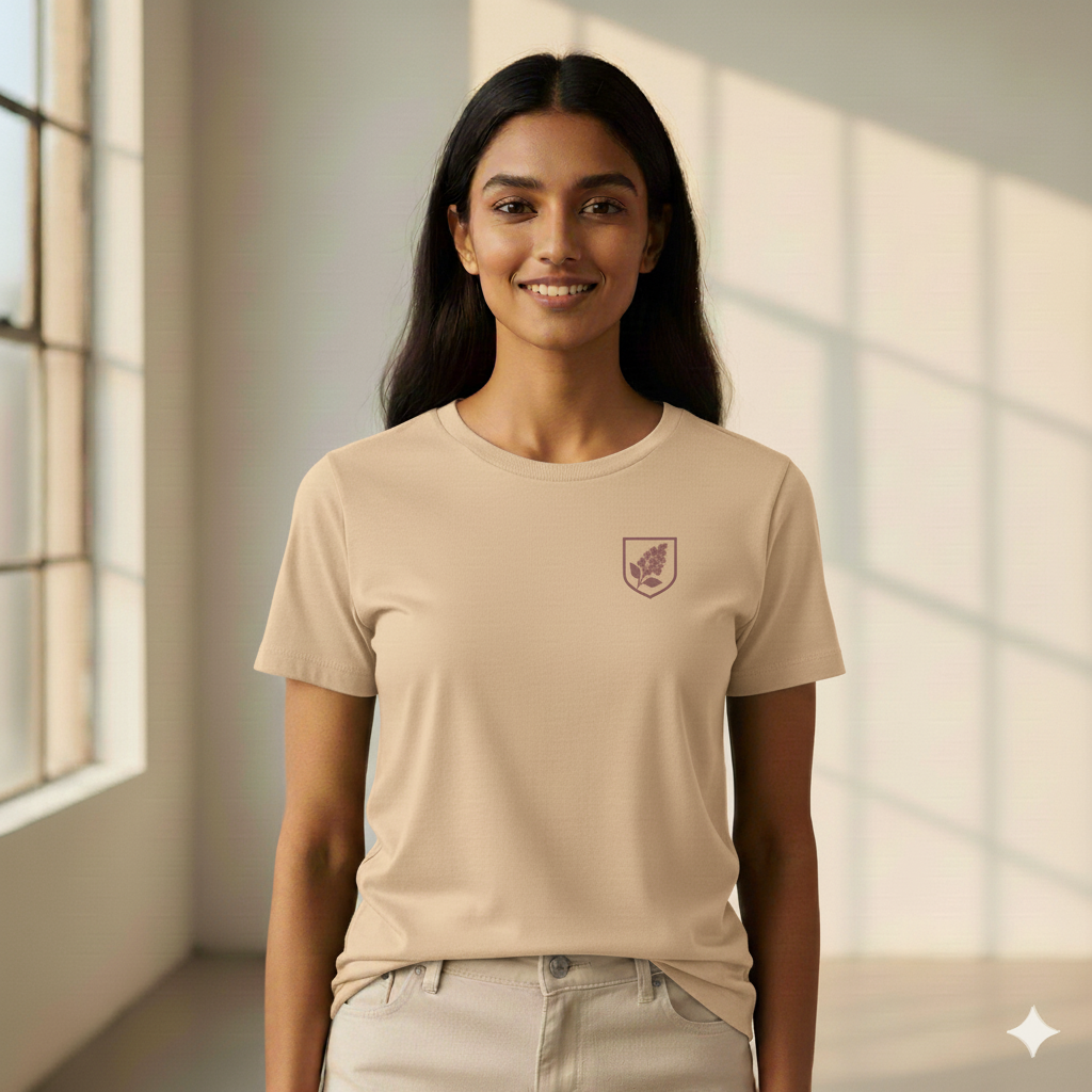 Female model wearing a Beige Supima cotton T-shirt by Lilak featuring a small maroon botanical crest on the left chest, standing in a softly lit studio with large window shadows