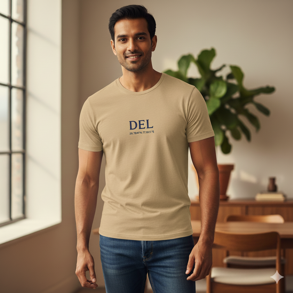 Male model standing indoors wearing a Beige Lilak Supima cotton T-shirt with ‘DEL’ and geographic coordinates printed on the chest, photographed in soft natural light with a plant and wooden furniture in the background