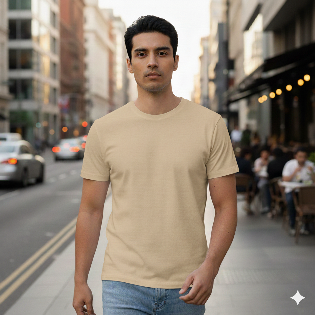 Lilak Men’s Beige 100% Supima Cotton T-Shirt – Everyday Comfort, 160 GSM Premium Fabric