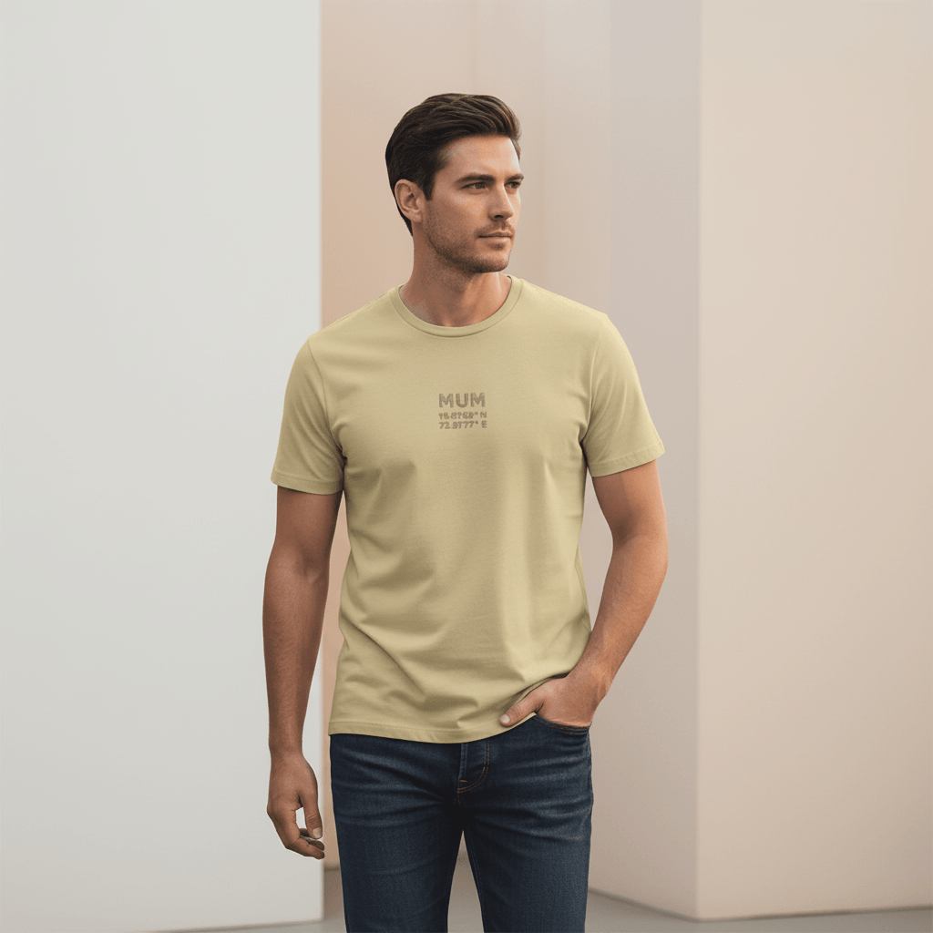 Male model wearing a beige Supima cotton T-shirt by Lilak with ‘MUM’ and Mumbai coordinates printed on the center chest, standing in a modern softly lit studio environment