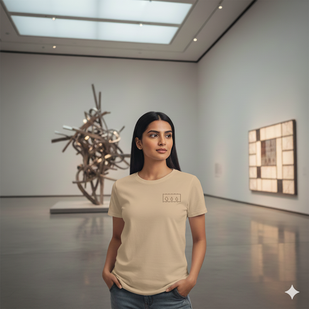 Woman standing inside a modern art museum wearing a Beige Supima cotton T-shirt by Lilak, featuring a minimal geometric design on the left chest