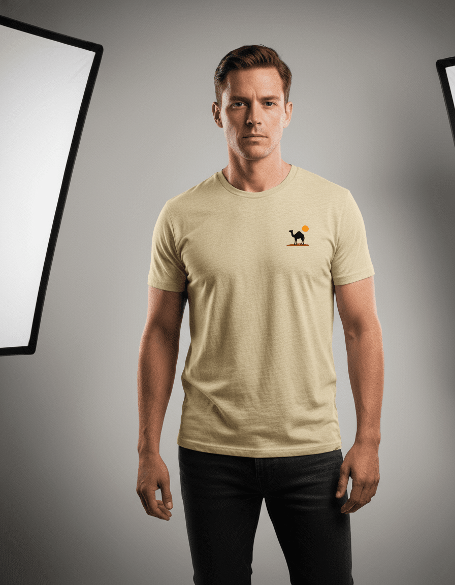 Camel Sunset Silhouette Thread-Effect Supima Cotton T-Shirt - Premium Desert-Inspired Unisex Tee