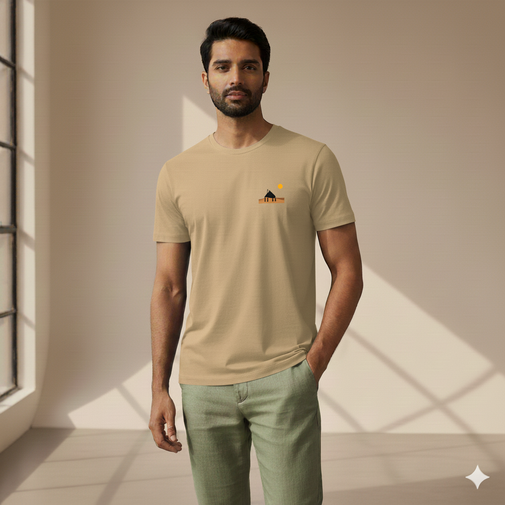 Male model standing in a softly lit studio wearing a Beige Supima cotton T-shirt by Lilak, featuring a minimal sunset hut graphic on the left chest