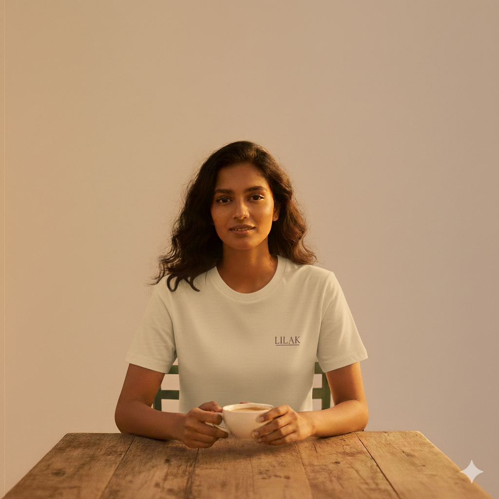 Female model sitting at a wooden table holding a cup of coffee, wearing a Beige Supima cotton Lilak T-shirt with a minimal ‘LILAK’ logo on the left chest, photographed in warm, soft studio lighting