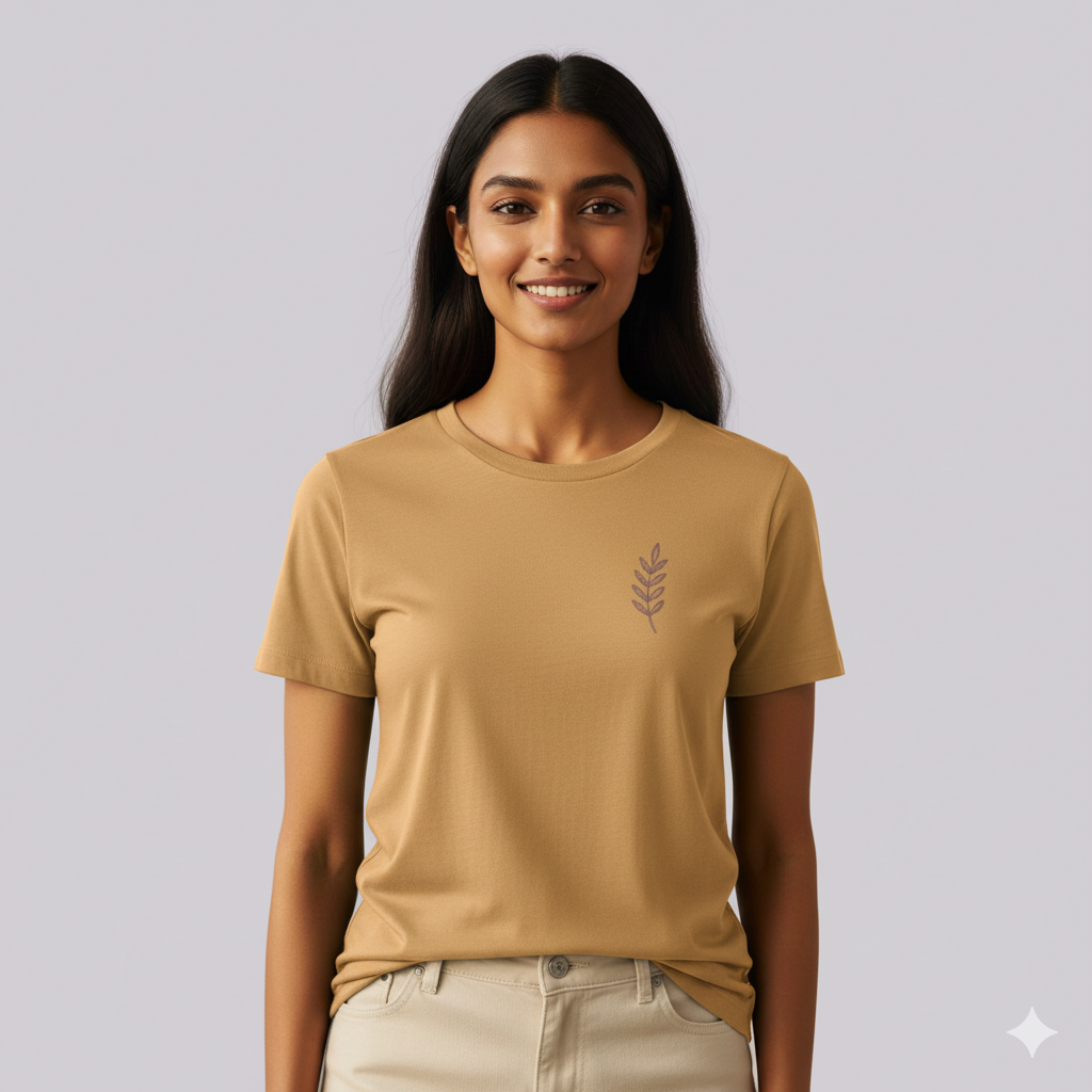 Lilak Unisex Beige Supima Cotton Leaf Thread Effect T-Shirt – Minimalist Botanical Design, Premium Soft Fabric