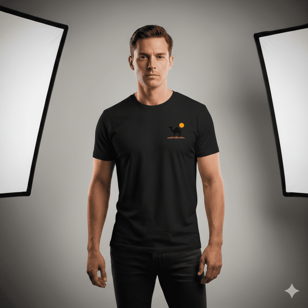 Camel Sunset Silhouette Thread-Effect Supima Cotton T-Shirt - Premium Desert-Inspired Unisex Tee