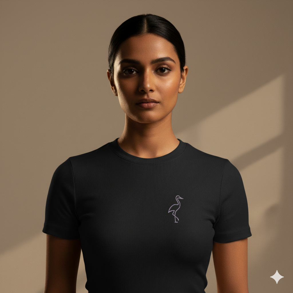 Lilak Unisex Black Supima Cotton T-Shirt – Minimal Crane Thread Effect Design, Premium Regular Fit Tee