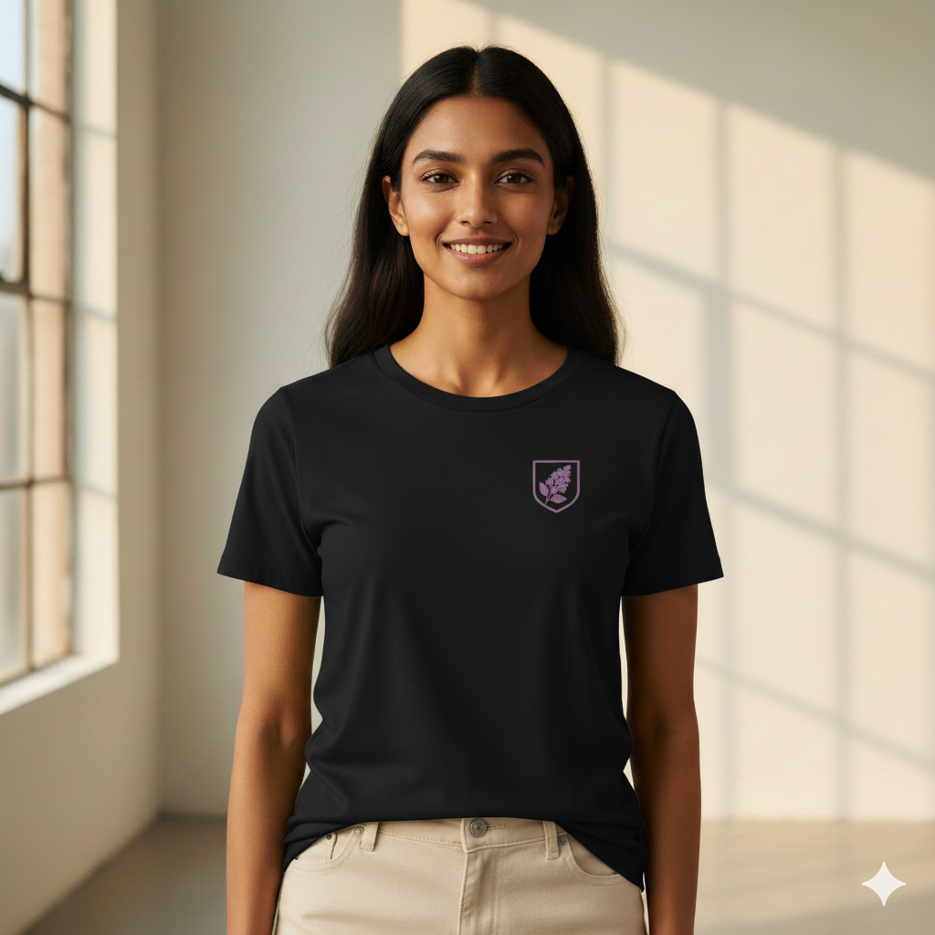 Female model wearing a Black Supima cotton T-shirt by Lilak featuring a small maroon botanical crest on the left chest, standing in a softly lit studio with large window shadows