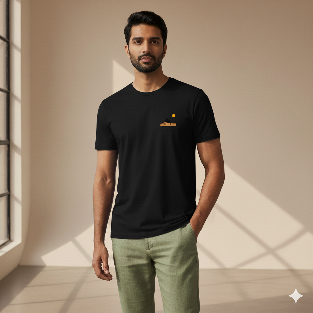 Male model standing in a softly lit studio wearing a Black Supima cotton T-shirt by Lilak, featuring a minimal sunset hut graphic on the left chest