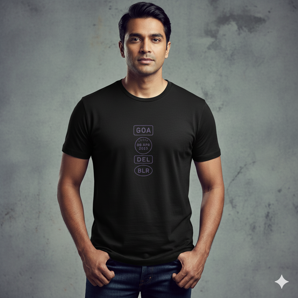 Indian male model wearing a Black Supima cotton T-shirt by Lilak, featuring a minimalistic violet travel-stamp design reading GOA, INDIA 08 APR 2023, DEL, and BLR. Model stands against a textured grey studio background