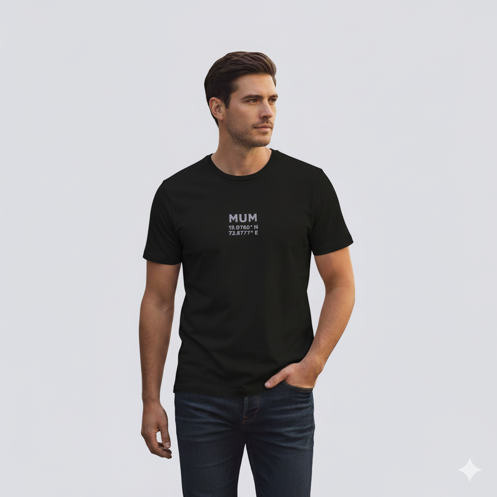 Male model wearing a Black Supima cotton T-shirt by Lilak with ‘MUM’ and Mumbai coordinates printed on the center chest, standing in a modern softly lit studio environment