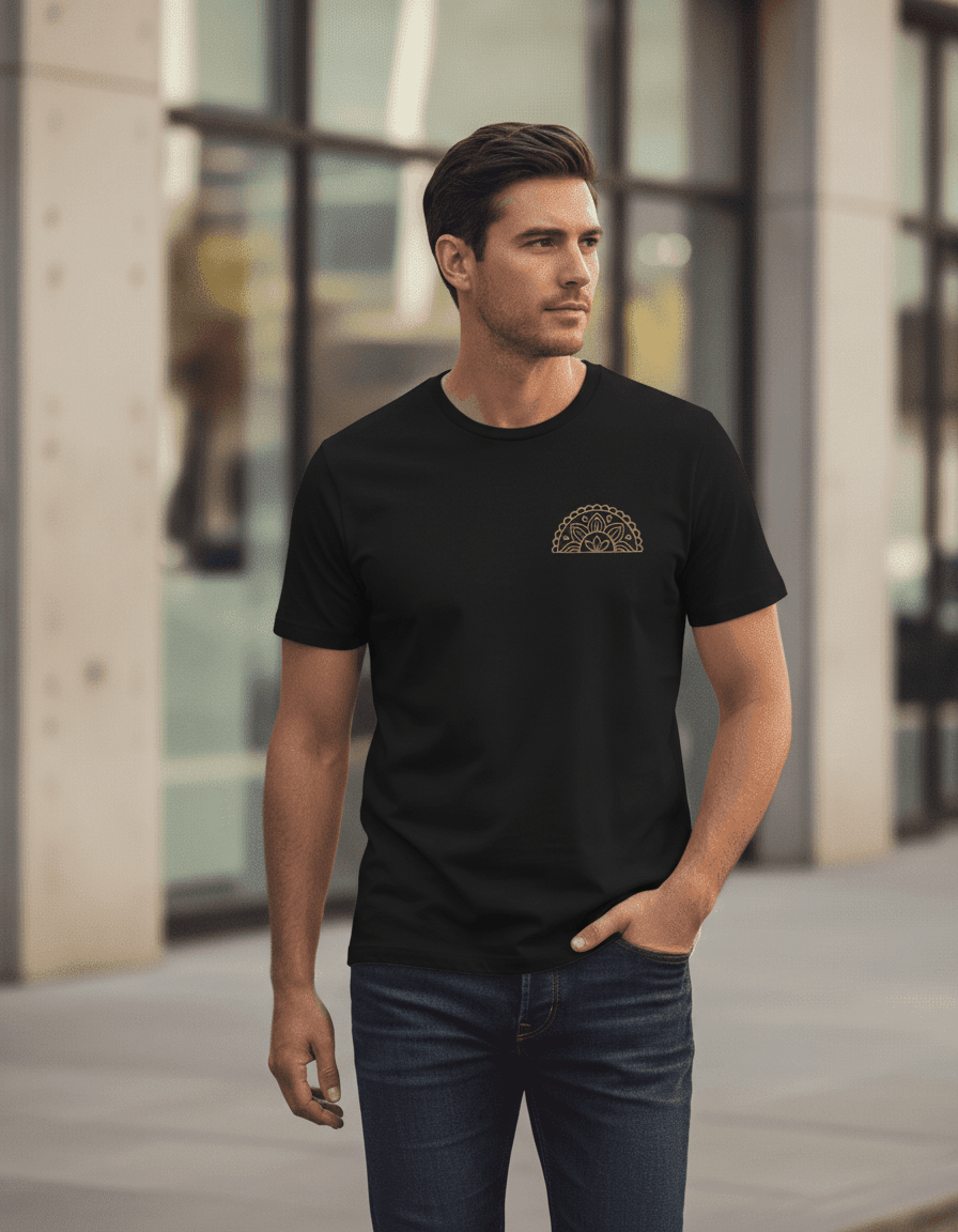 Male model wearing a black Supima cotton Lilak T-shirt featuring a gold mandala-inspired chest graphic, walking outdoors in an urban setting with modern glass buildings in the background