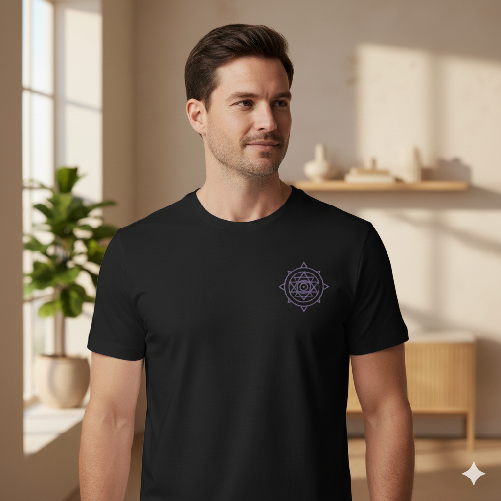 Male model wearing a Black Lilak Supima cotton T-shirt featuring a minimal lavender mandala design on the chest, standing in a softly lit modern indoor setting with natural light and decor in the background