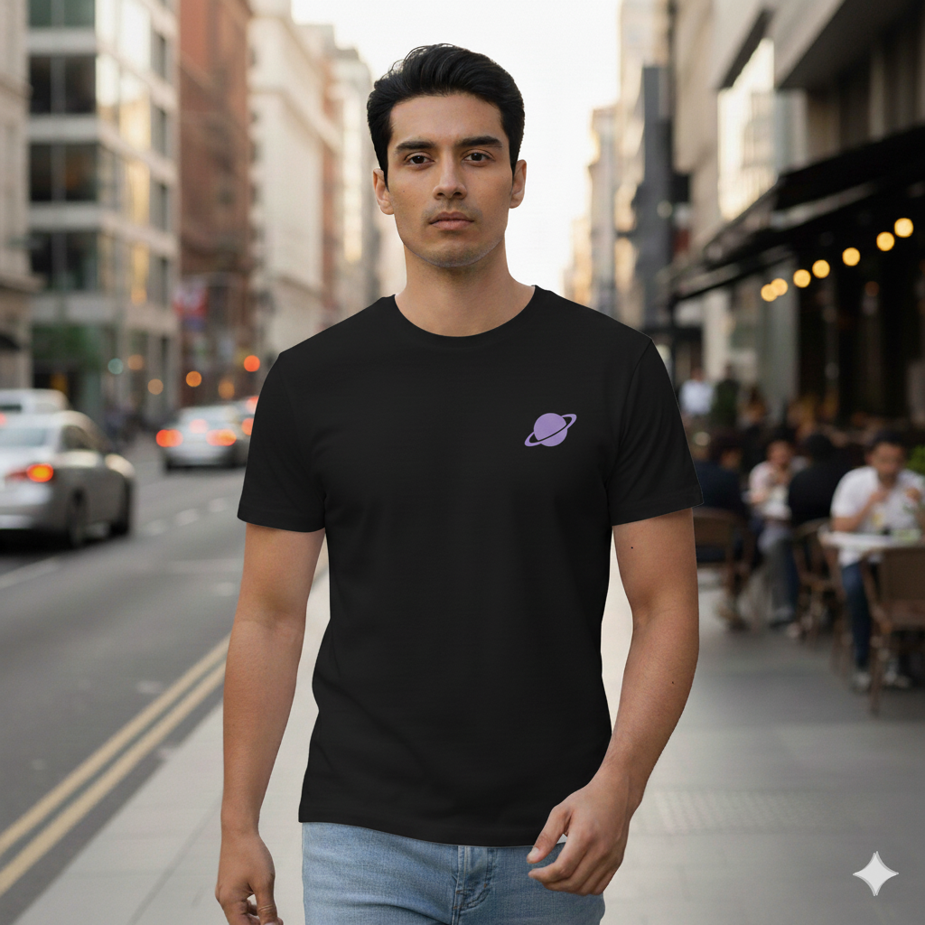 Male model walking confidently down an urban city street wearing a Black Supima cotton T-shirt by Lilak, featuring a small lavender planet graphic on the left chest