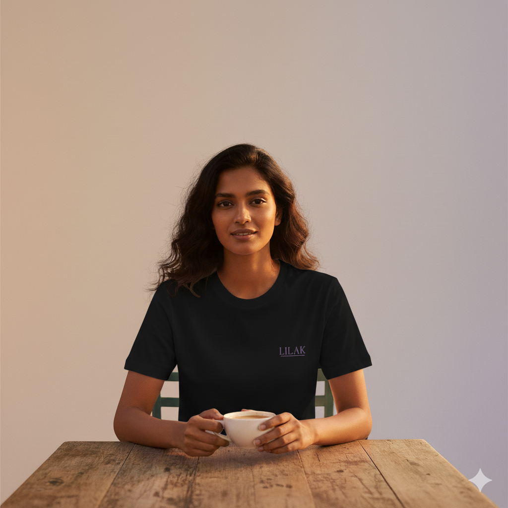 Female model sitting at a wooden table holding a cup of coffee, wearing a Black Supima cotton Lilak T-shirt with a minimal ‘LILAK’ logo on the left chest, photographed in warm, soft studio lighting