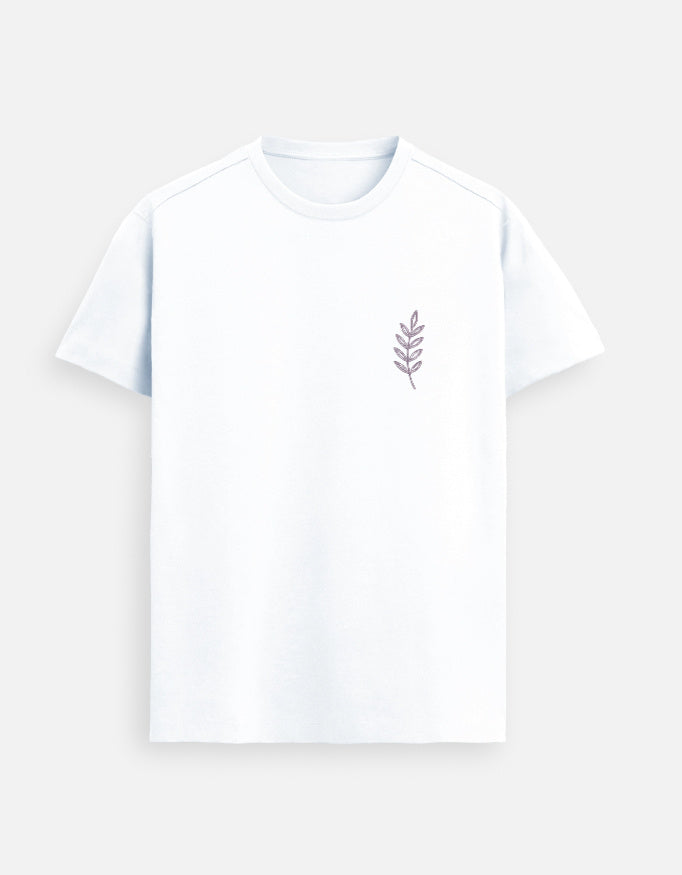 Lilak Unisex White Supima Cotton Leaf Thread Effect T-Shirt – Minimalist Botanical Design, Premium Soft Fabric