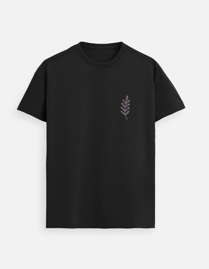 Lilak Unisex Black Supima Cotton Leaf Thread Effect T-Shirt – Minimalist Botanical Design, Premium Soft Fabric