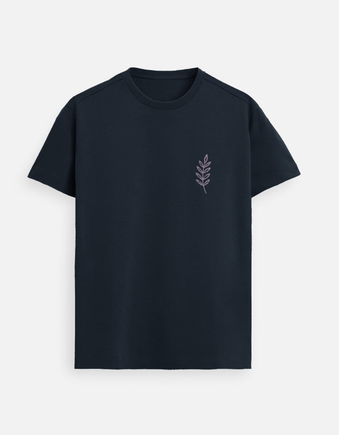Lilak Unisex Navy Supima Cotton Leaf Thread Effect T-Shirt – Minimalist Botanical Design, Premium Soft Fabric