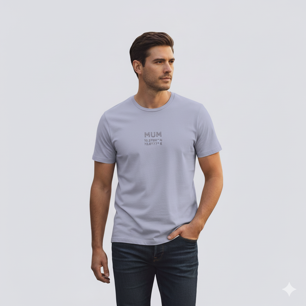 Male model wearing a Lavender Supima cotton T-shirt by Lilak with ‘MUM’ and Mumbai coordinates printed on the center chest, standing in a modern softly lit studio environment