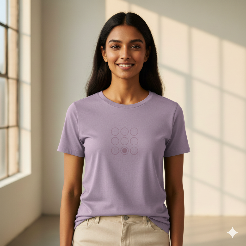 Indian female model wearing a Lavender Supima cotton T-shirt by Lilak, featuring a minimal lavender geometric circle design on the center chest. She stands in a softly lit studio with large window shadows in the background
