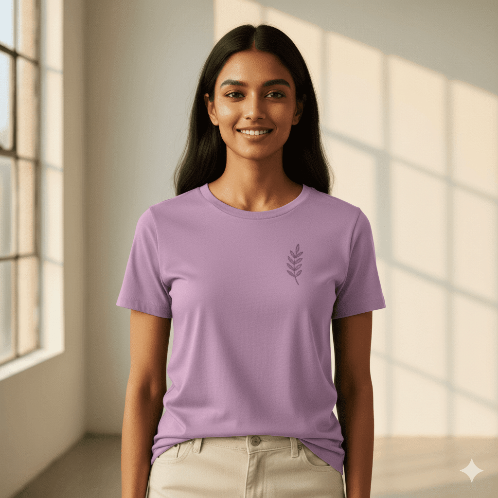 Lilak Unisex Lavender Supima Cotton Leaf Thread Effect T-Shirt – Minimalist Botanical Design, Premium Soft Fabric