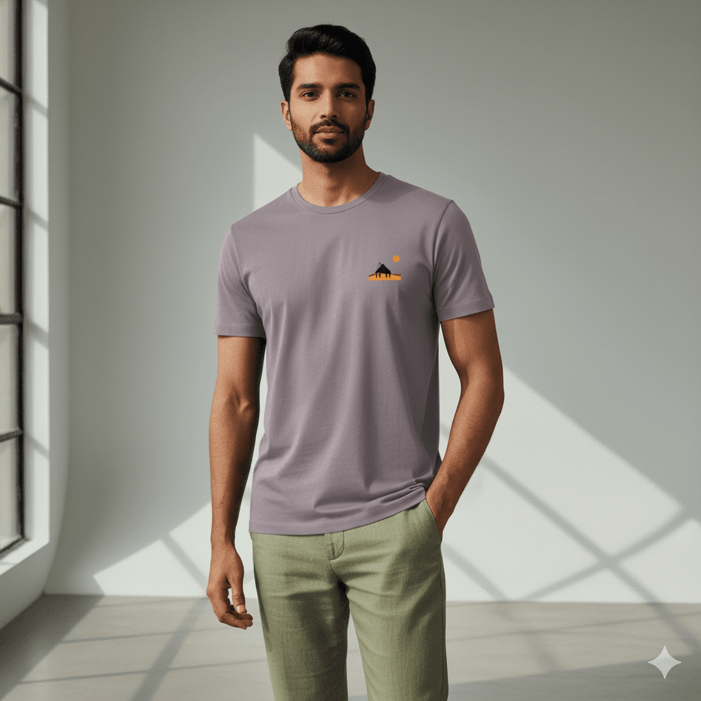 Male model standing in a softly lit studio wearing a Lavender Supima cotton T-shirt by Lilak, featuring a minimal sunset hut graphic on the left chest