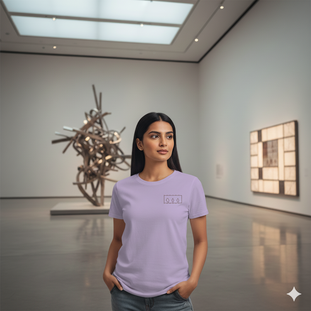 Woman standing inside a modern art museum wearing a Lavender Supima cotton T-shirt by Lilak, featuring a minimal geometric design on the left chest