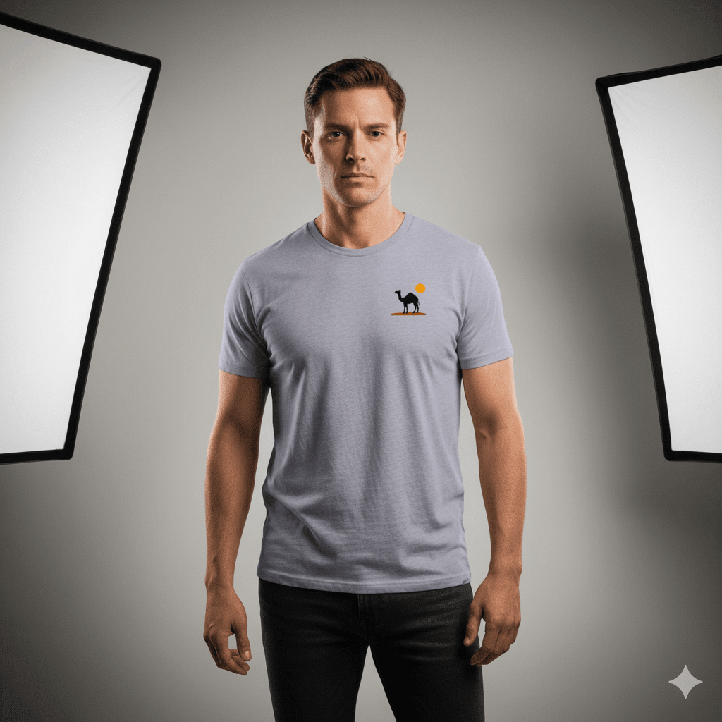 Camel Sunset Silhouette Thread-Effect Supima Cotton T-Shirt - Premium Desert-Inspired Unisex Tee