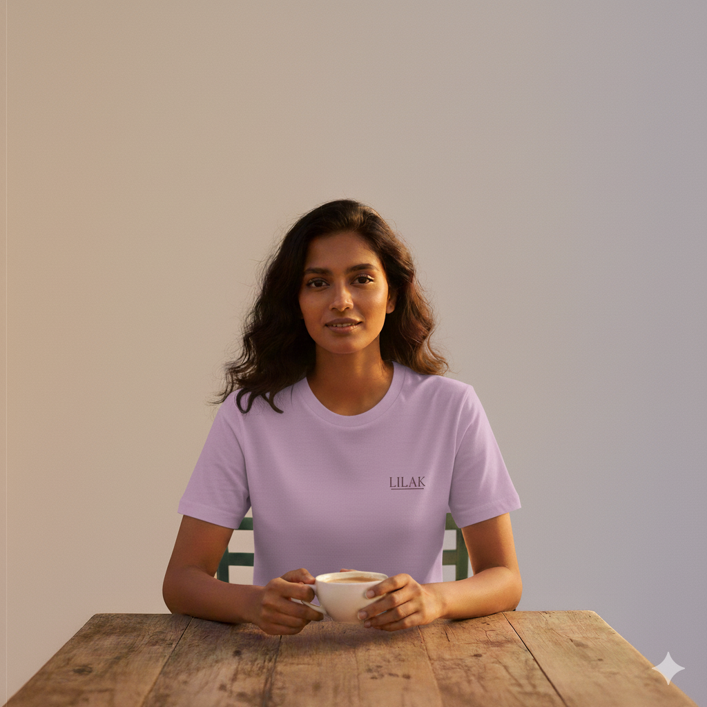 Female model sitting at a wooden table holding a cup of coffee, wearing a Lavender Supima cotton Lilak T-shirt with a minimal ‘LILAK’ logo on the left chest, photographed in warm, soft studio lighting