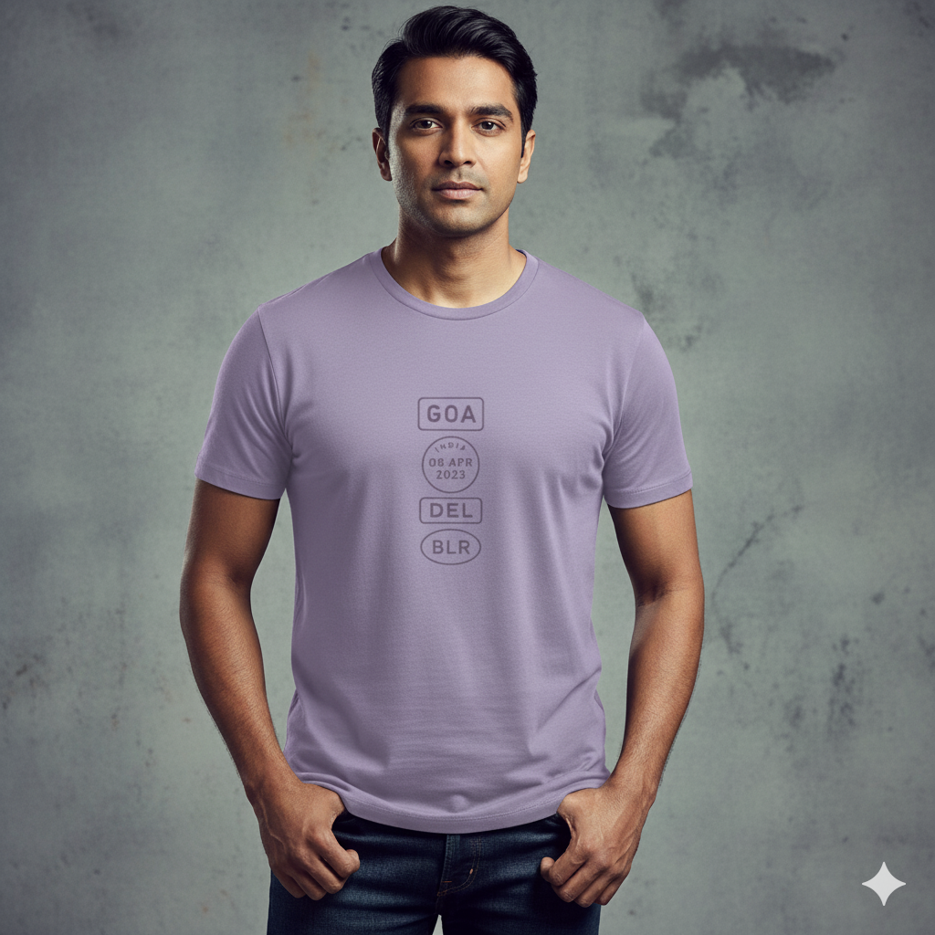 Indian male model wearing a Lavender Supima cotton T-shirt by Lilak, featuring a minimalistic violet travel-stamp design reading GOA, INDIA 08 APR 2023, DEL, and BLR. Model stands against a textured grey studio background