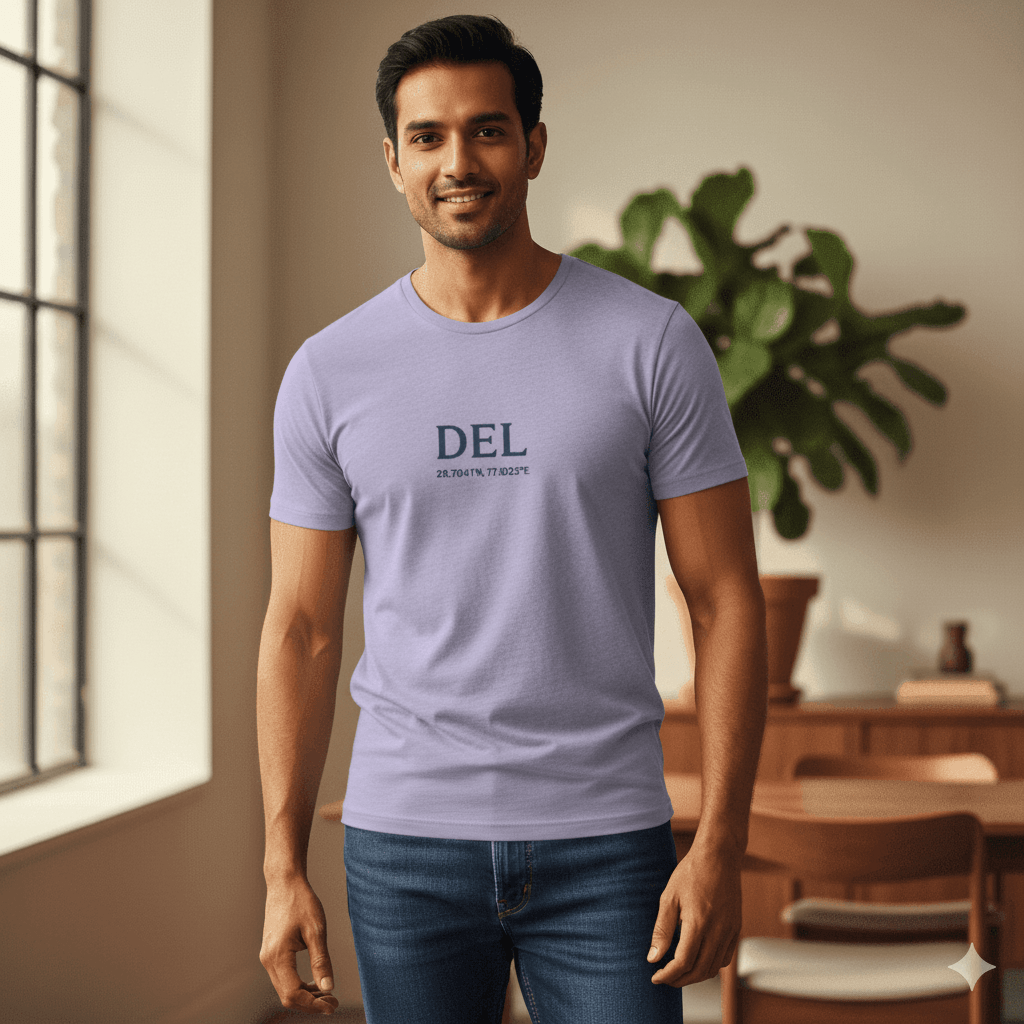 Male model standing indoors wearing a Lavender Lilak Supima cotton T-shirt with ‘DEL’ and geographic coordinates printed on the chest, photographed in soft natural light with a plant and wooden furniture in the background