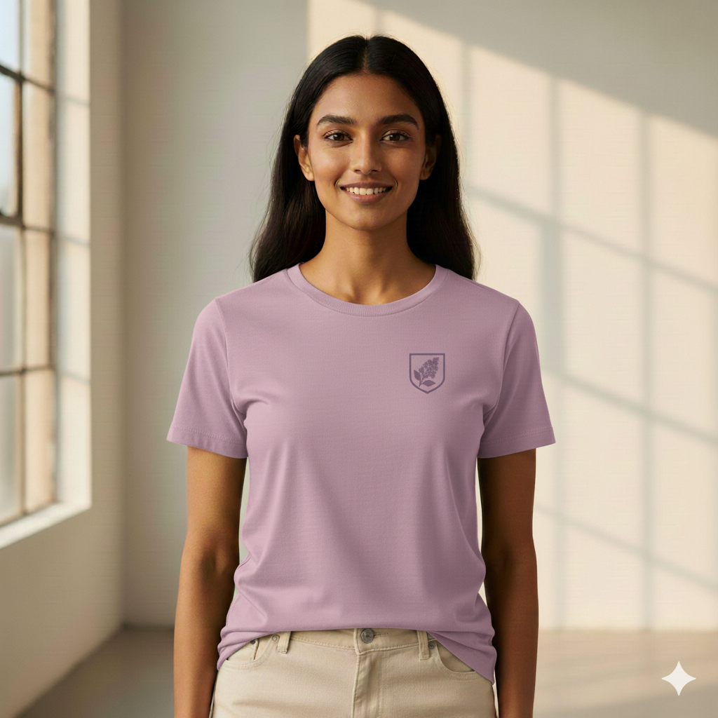 Female model wearing a Lavender Supima cotton T-shirt by Lilak featuring a small maroon botanical crest on the left chest, standing in a softly lit studio with large window shadows