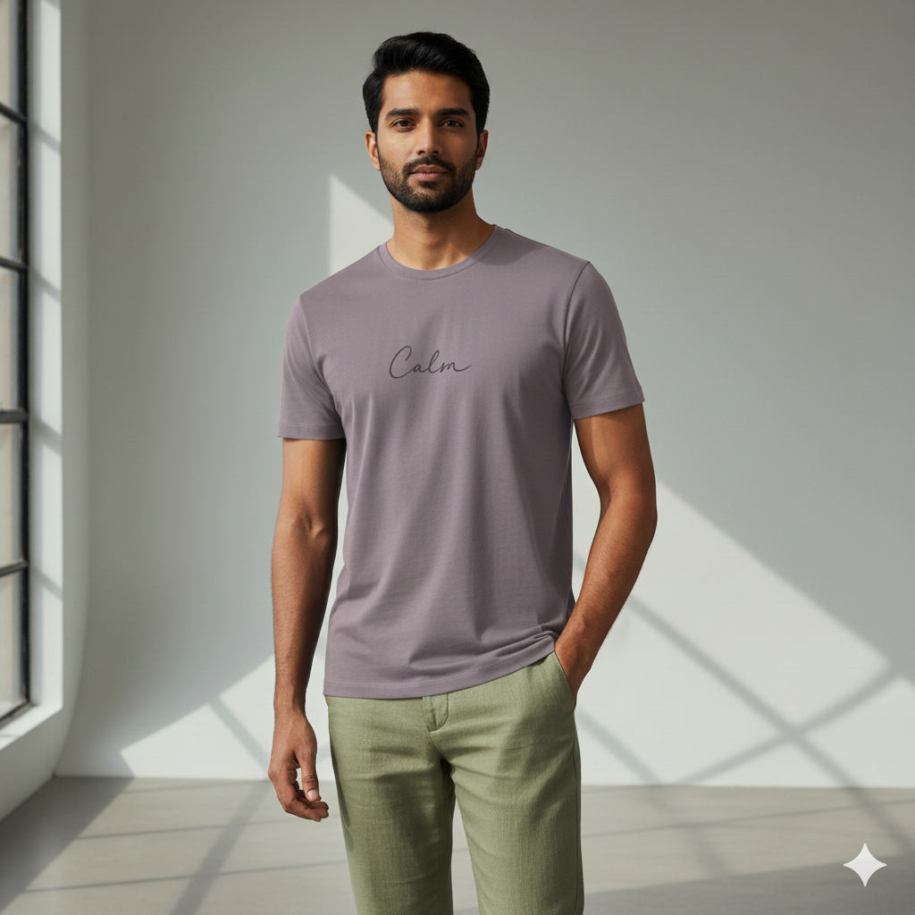 Lilak Unisex Supima Cotton Lavender CALM Script T-Shirt – Premium Minimal Typography Tee, 160 GSM