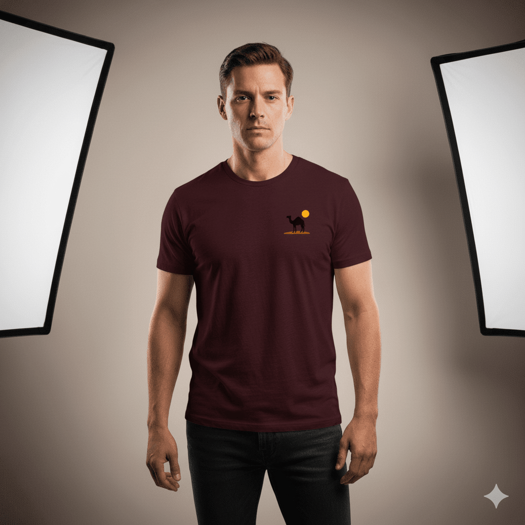 Camel Sunset Silhouette Thread-Effect Supima Cotton T-Shirt - Premium Desert-Inspired Unisex Tee