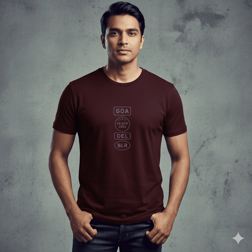 Indian male model wearing a Maroon Supima cotton T-shirt by Lilak, featuring a minimalistic violet travel-stamp design reading GOA, INDIA 08 APR 2023, DEL, and BLR. Model stands against a textured grey studio background