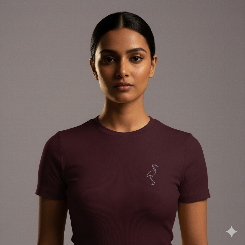 Lilak Unisex Maroon Supima Cotton T-Shirt – Minimal Crane Thread Effect Design, Premium Regular Fit Tee