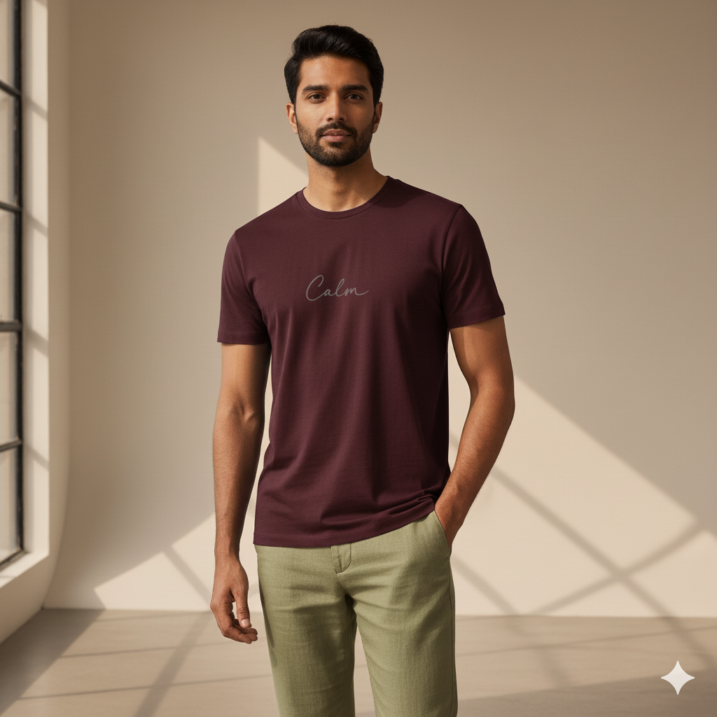Lilak Unisex Supima Cotton Maroon CALM Script T-Shirt – Premium Minimal Typography Tee, 160 GSM