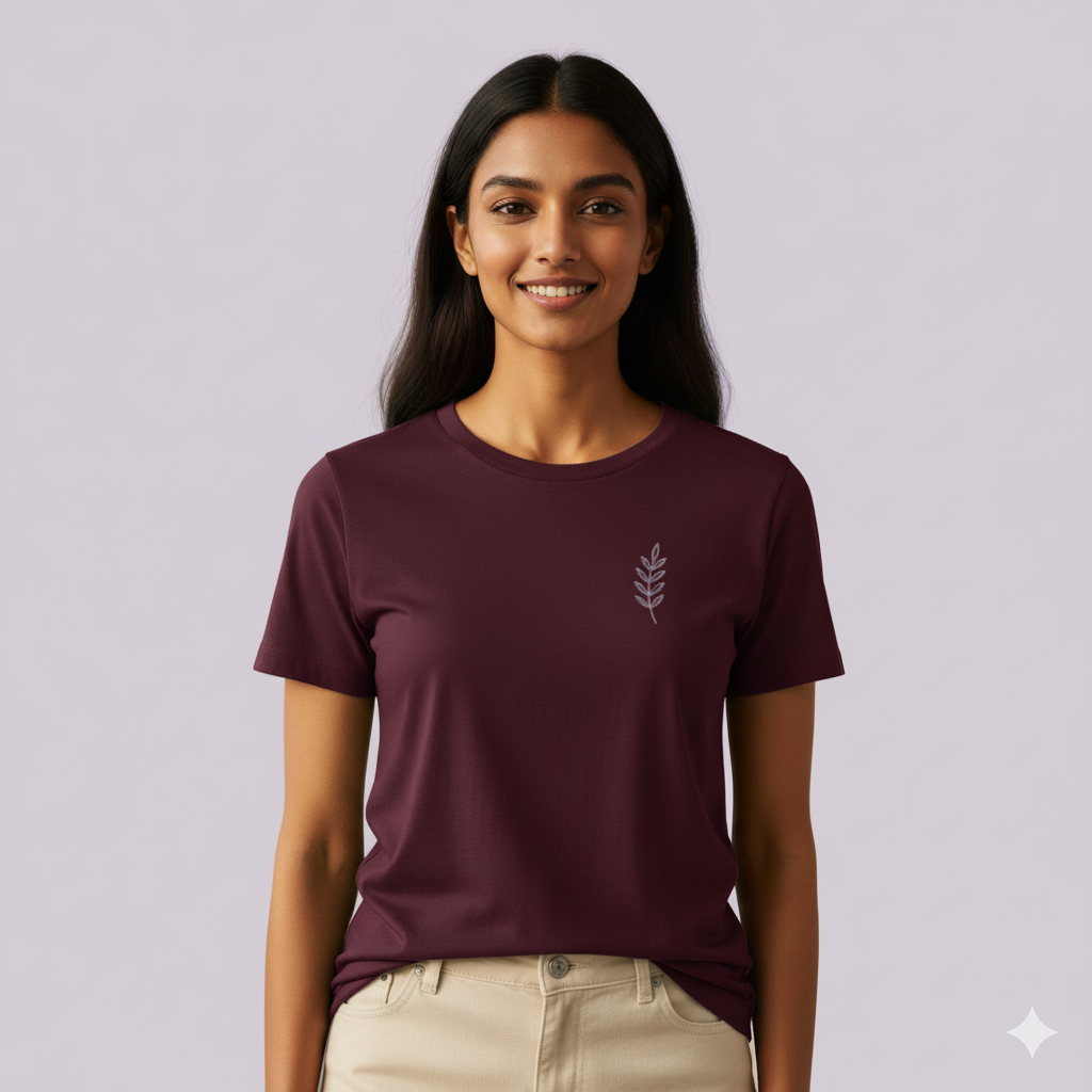 Lilak Unisex Maroon Supima Cotton Leaf Thread Effect T-Shirt – Minimalist Botanical Design, Premium Soft Fabric