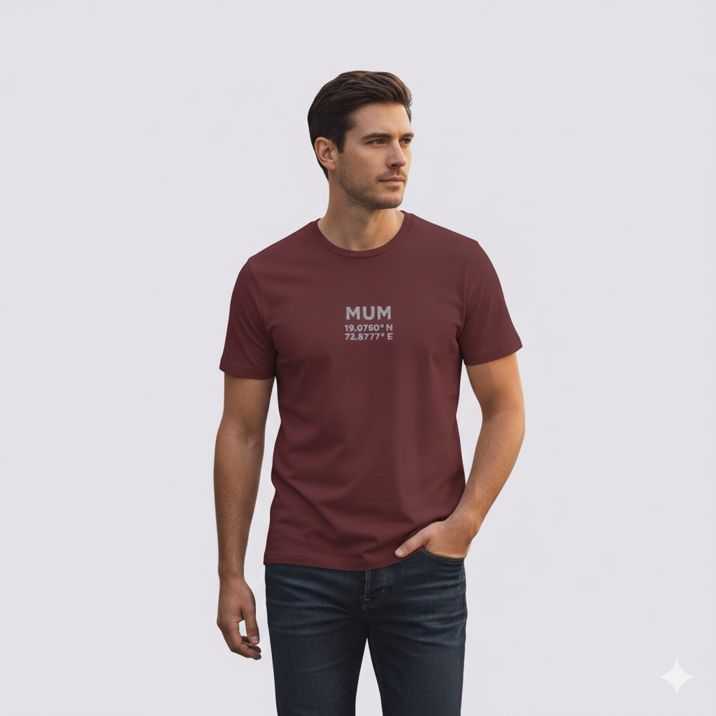 Male model wearing a Maroon Supima cotton T-shirt by Lilak with ‘MUM’ and Mumbai coordinates printed on the center chest, standing in a modern softly lit studio environment