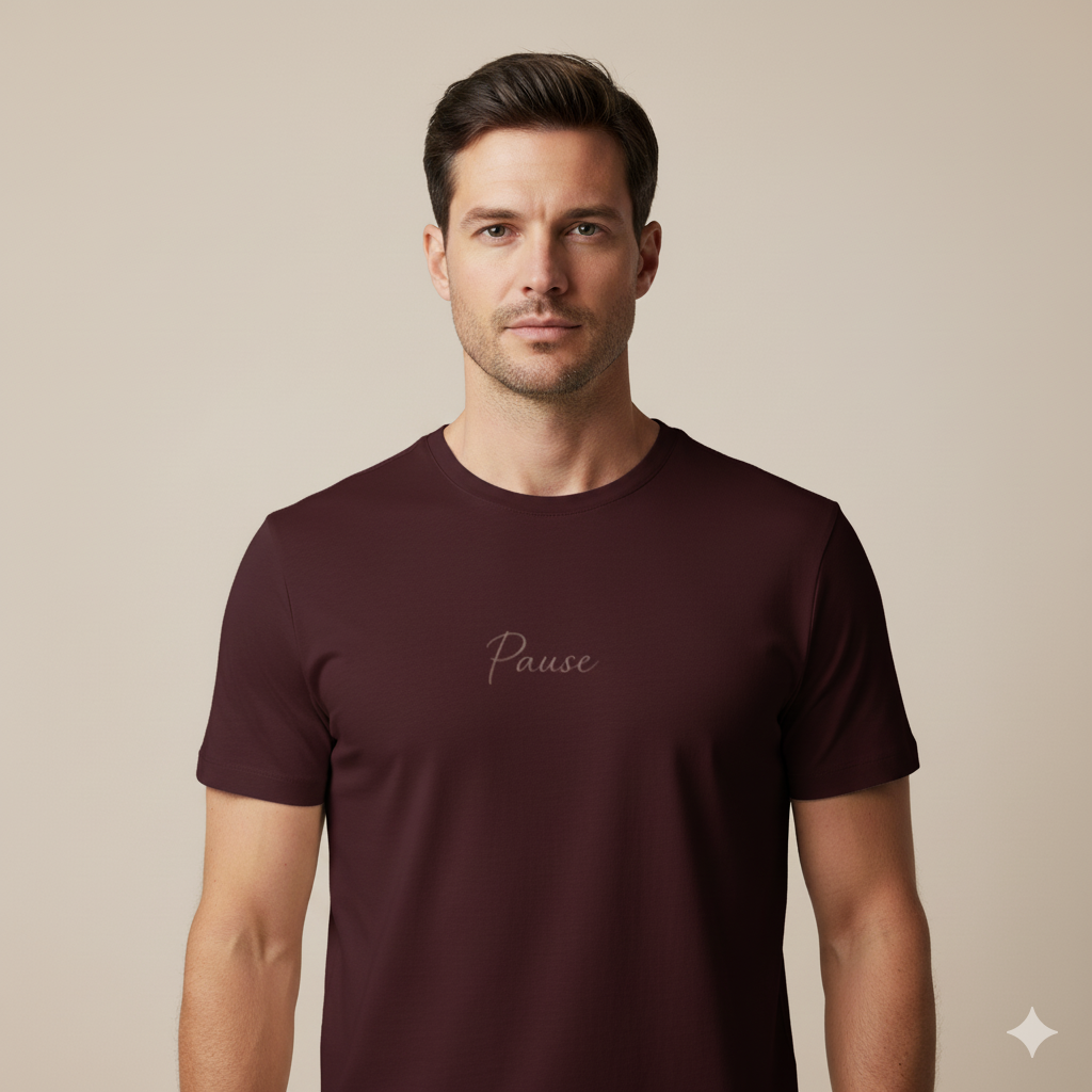 Supima Cotton PAUSE Script T-Shirt - Unisex Premium Minimal Typography Tee | Lilak