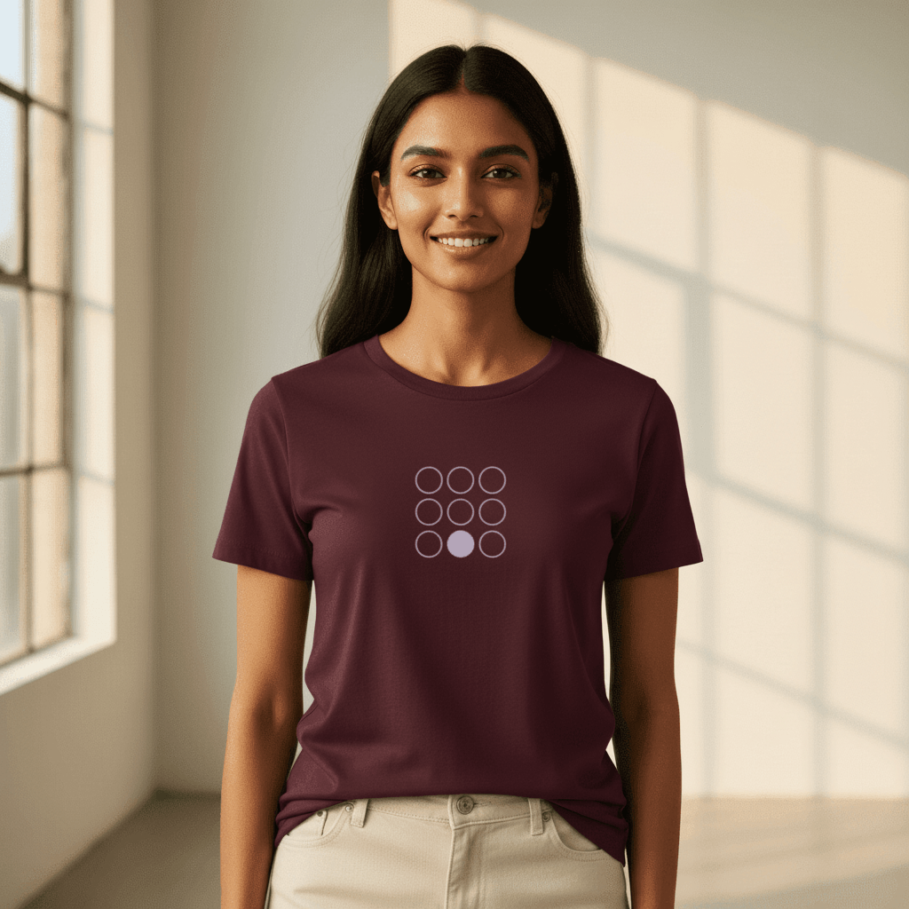 Indian female model wearing a Maroon Supima cotton T-shirt by Lilak, featuring a minimal lavender geometric circle design on the center chest. She stands in a softly lit studio with large window shadows in the background