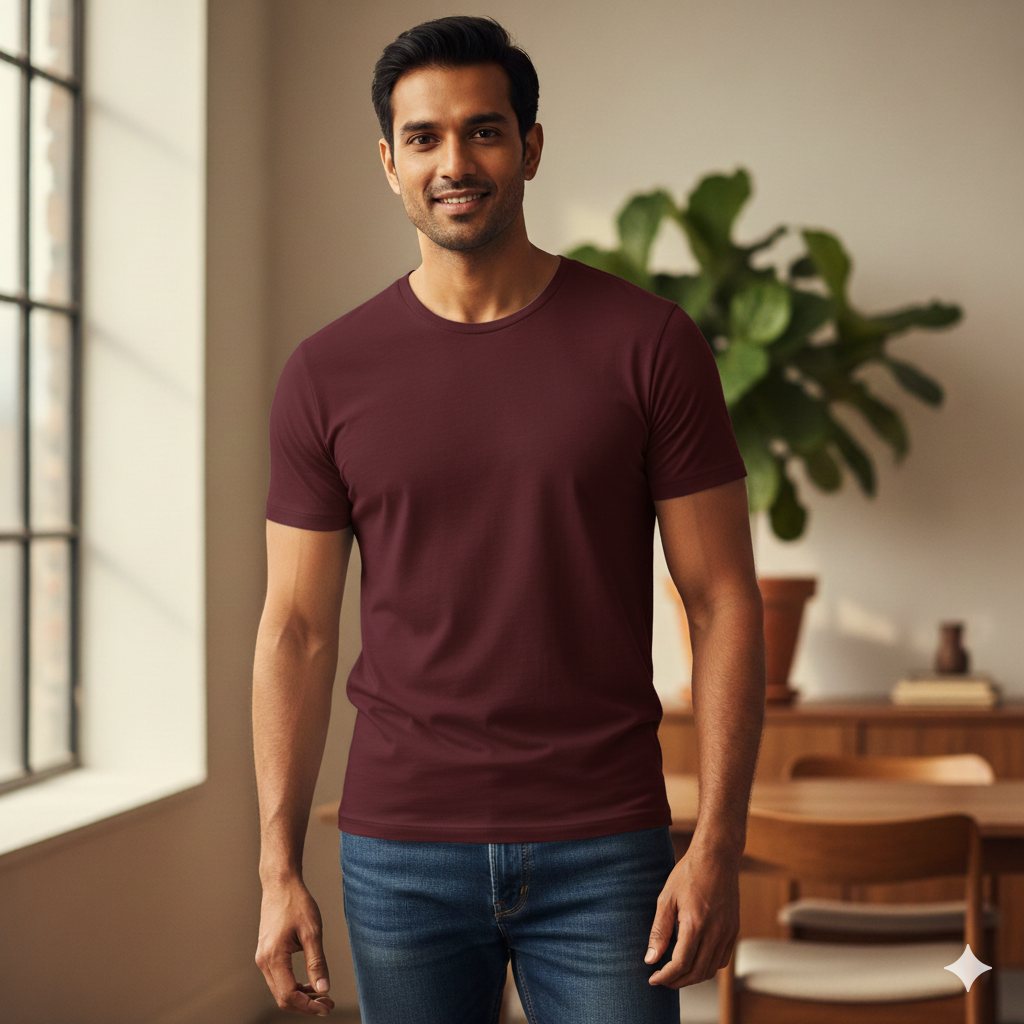 Lilak Men’s Maroon 100% Supima Cotton T-Shirt – Everyday Comfort, 160 GSM Premium Fabric