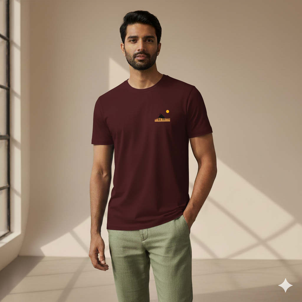Male model standing in a softly lit studio wearing a Maroon Supima cotton T-shirt by Lilak, featuring a minimal sunset hut graphic on the left chest