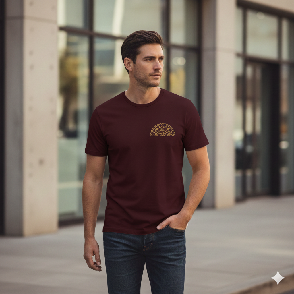Male model wearing a Maroon Supima cotton Lilak T-shirt featuring a gold mandala-inspired chest graphic, walking outdoors in an urban setting with modern glass buildings in the background