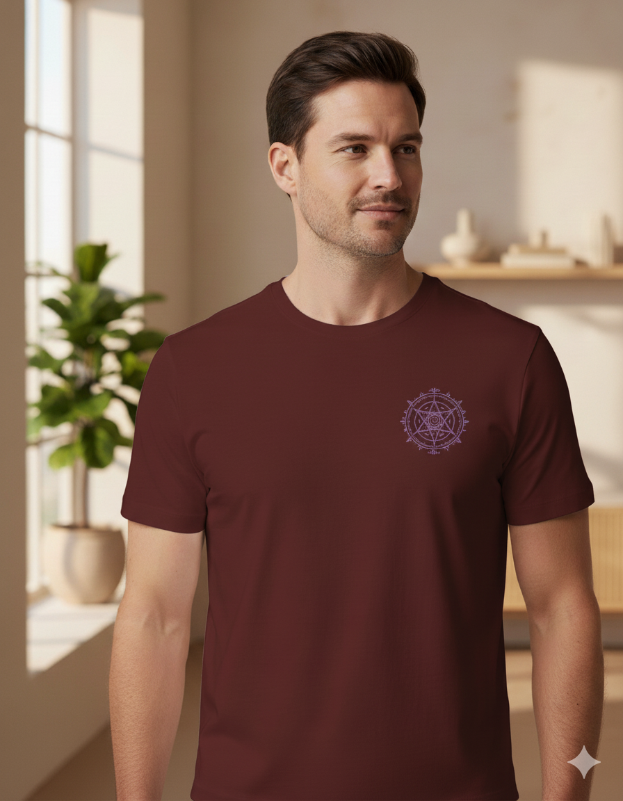 Male model wearing a Maroon Lilak Supima cotton T-shirt featuring a minimal lavender mandala design on the chest, standing in a softly lit modern indoor setting with natural light and decor in the background