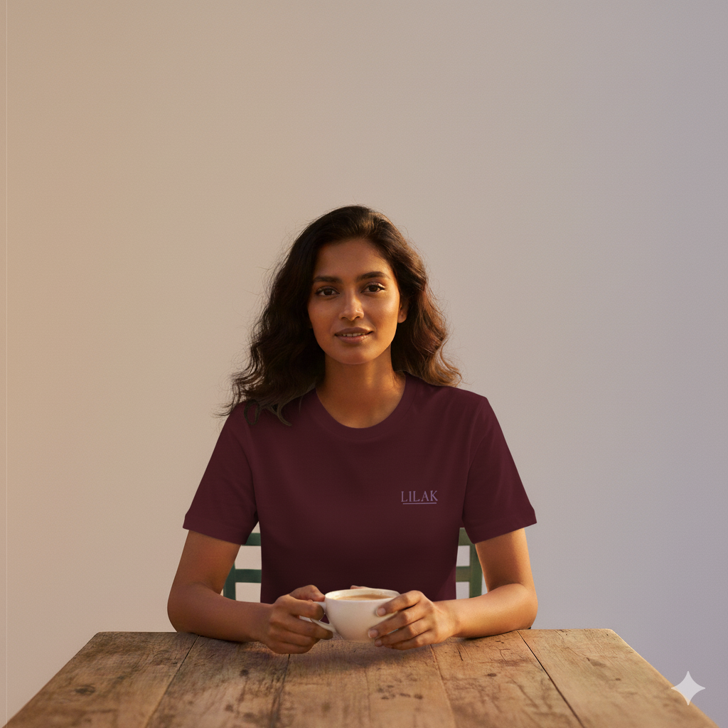 Female model sitting at a wooden table holding a cup of coffee, wearing a Maroon Supima cotton Lilak T-shirt with a minimal ‘LILAK’ logo on the left chest, photographed in warm, soft studio lighting