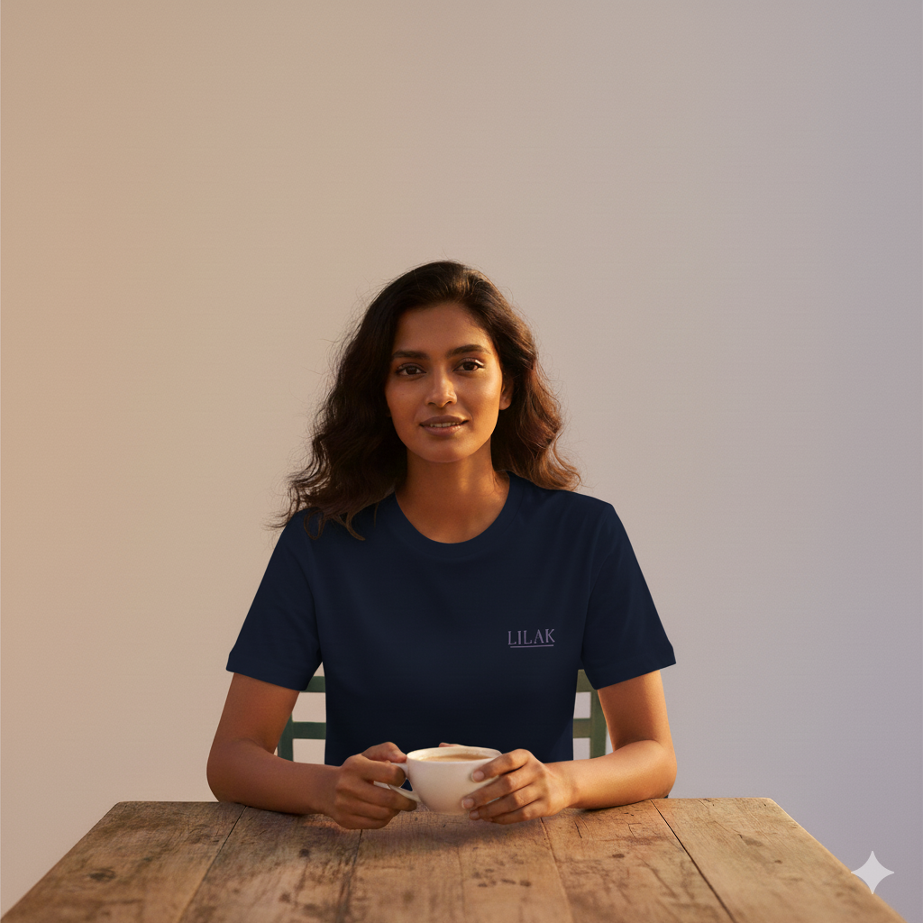 Female model sitting at a wooden table holding a cup of coffee, wearing a Navy Blue Supima cotton Lilak T-shirt with a minimal ‘LILAK’ logo on the left chest, photographed in warm, soft studio lighting