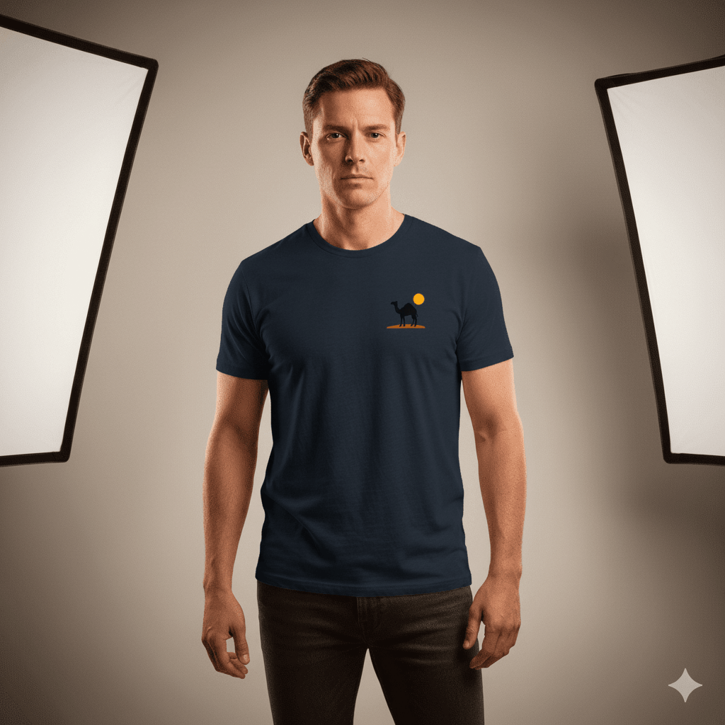 Camel Sunset Silhouette Thread-Effect Supima Cotton T-Shirt - Premium Desert-Inspired Unisex Tee